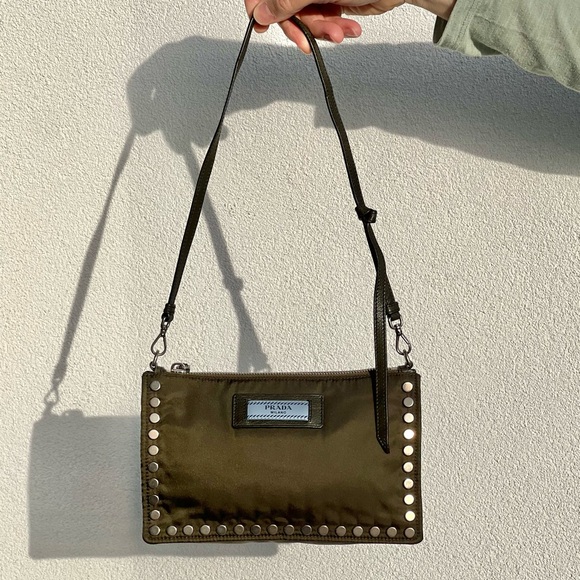 Prada Nylon Etiquette Shoulder Bag Khaki Blue - Picture 1 of 12